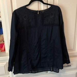 J Crew size 12 Navy cotton top.  Embroidered and open lace detail.